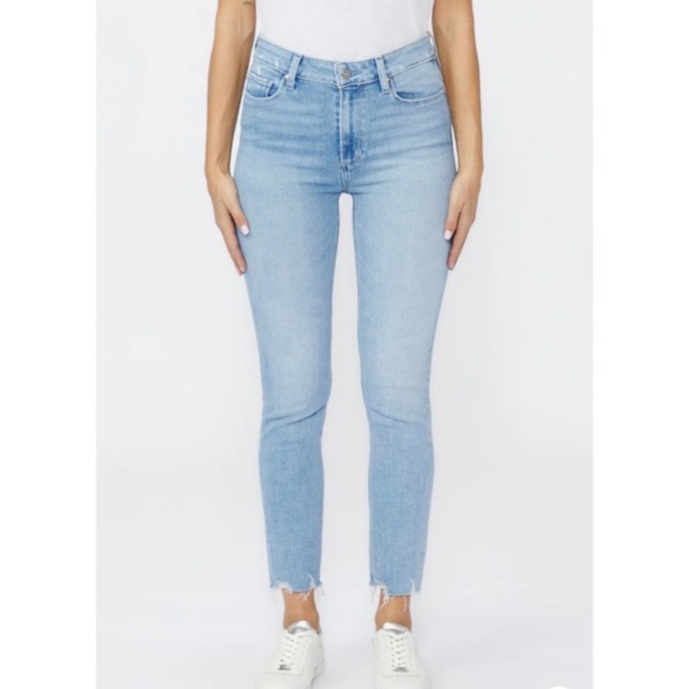 Paige Cindy High Rise Straight Leg Jeans Light Wash Distressed Hem Size 32